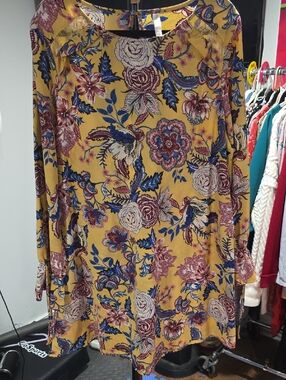 Xhilaration Mustard Floral Long-Sleeve Shift Dress with Blue & Pink Accents
